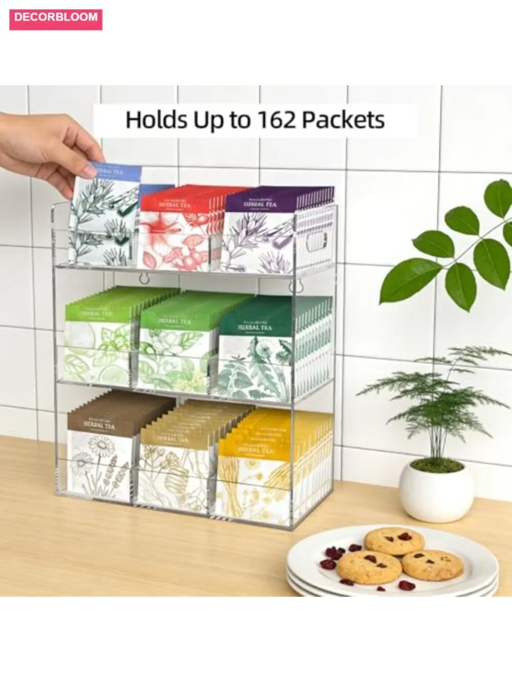 Acrylic Tea Bag Organizer, 3 Layer Countertop Storage for 150-170 Tea Bags, No
